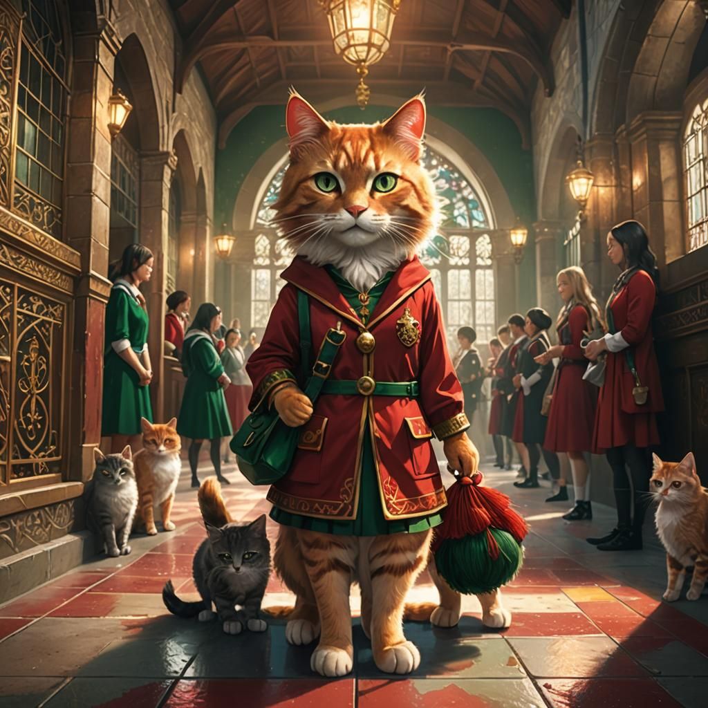 Leadership Cat in School Hallway, Fantasy Concept Art