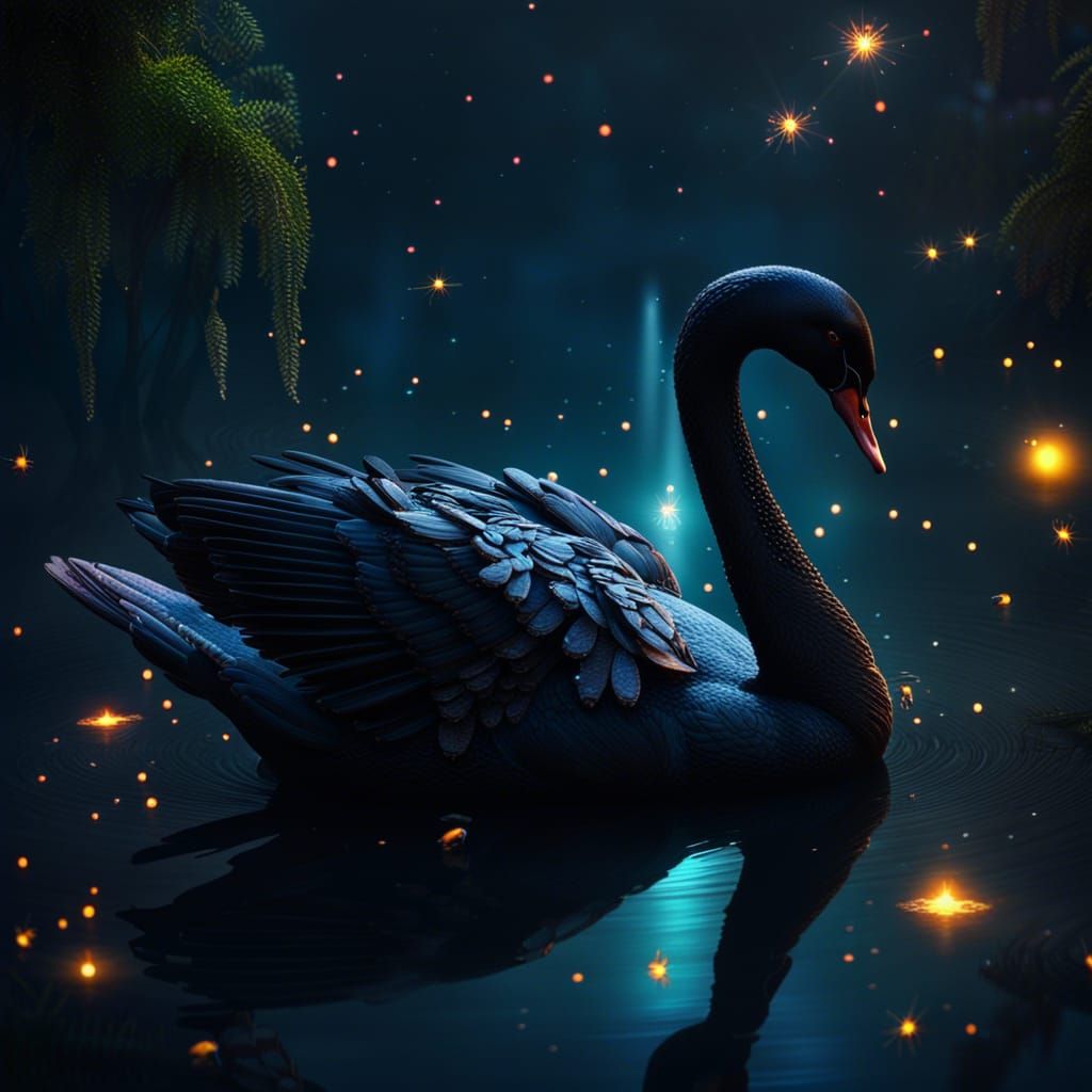 Photorealistic Black Swan with Fireflies and Planets