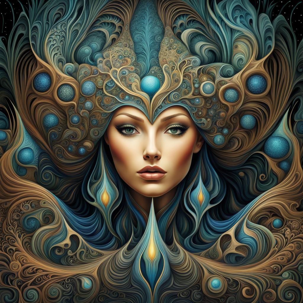 Whimsical Sorceress in Forest with Fractal Elements