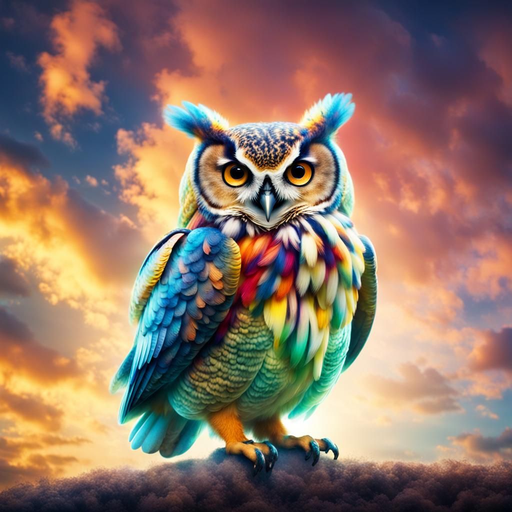 Colorful Funny Owl in Divine Sunshine