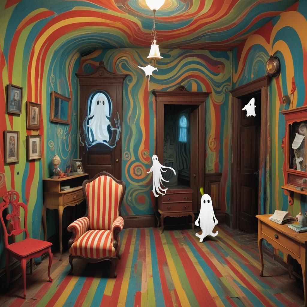 Whimsical Ghost in Haunted House, Children's Book Illustrati...