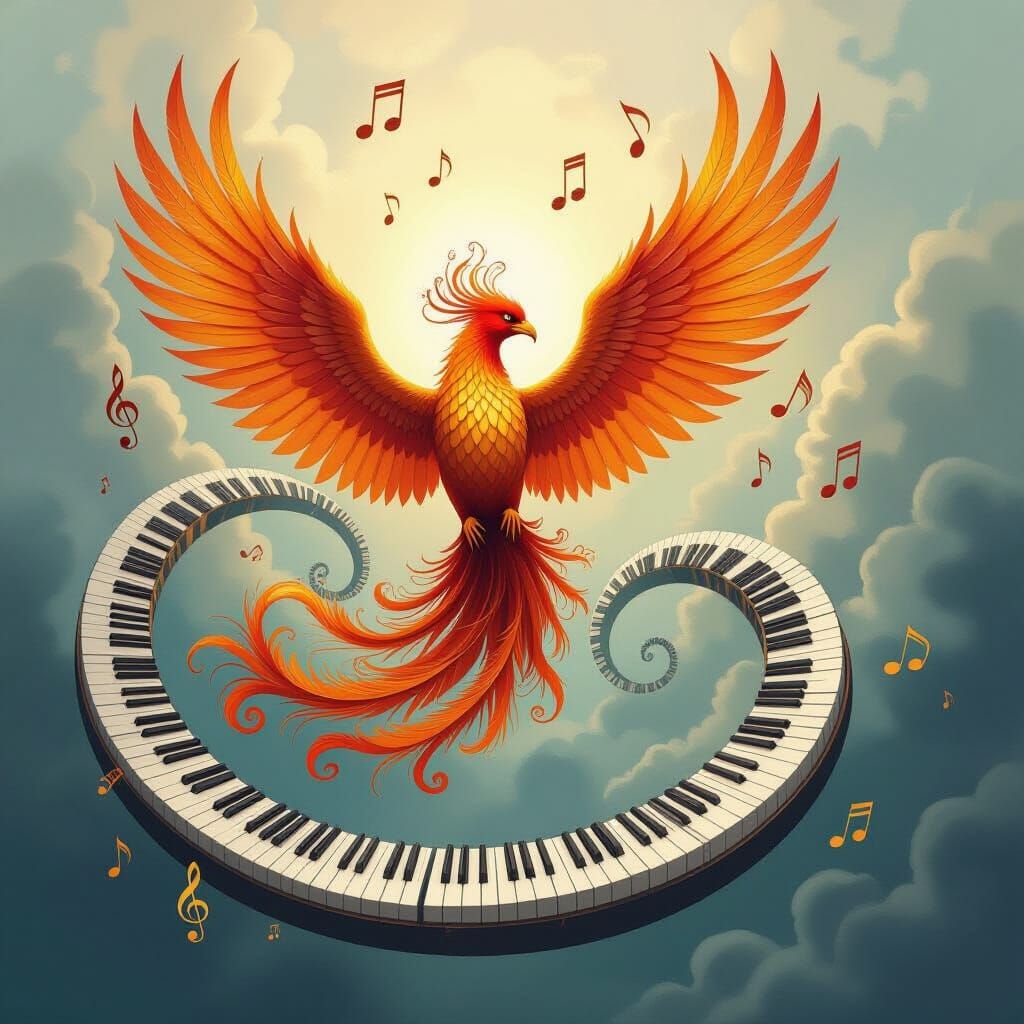 Golden Phoenix Rising from Musical Vortex