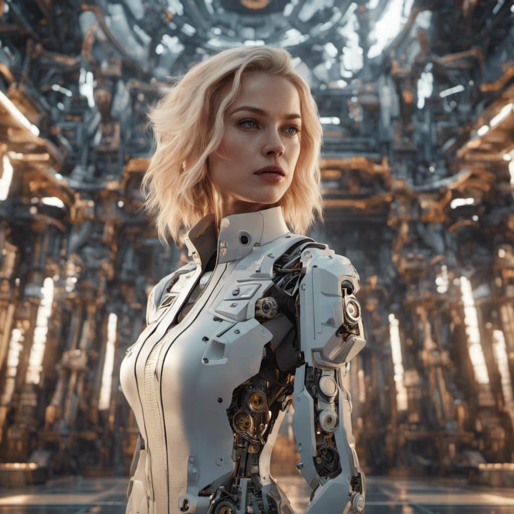 Blonde Scientist and Machine Temple in Sci-Fi Style