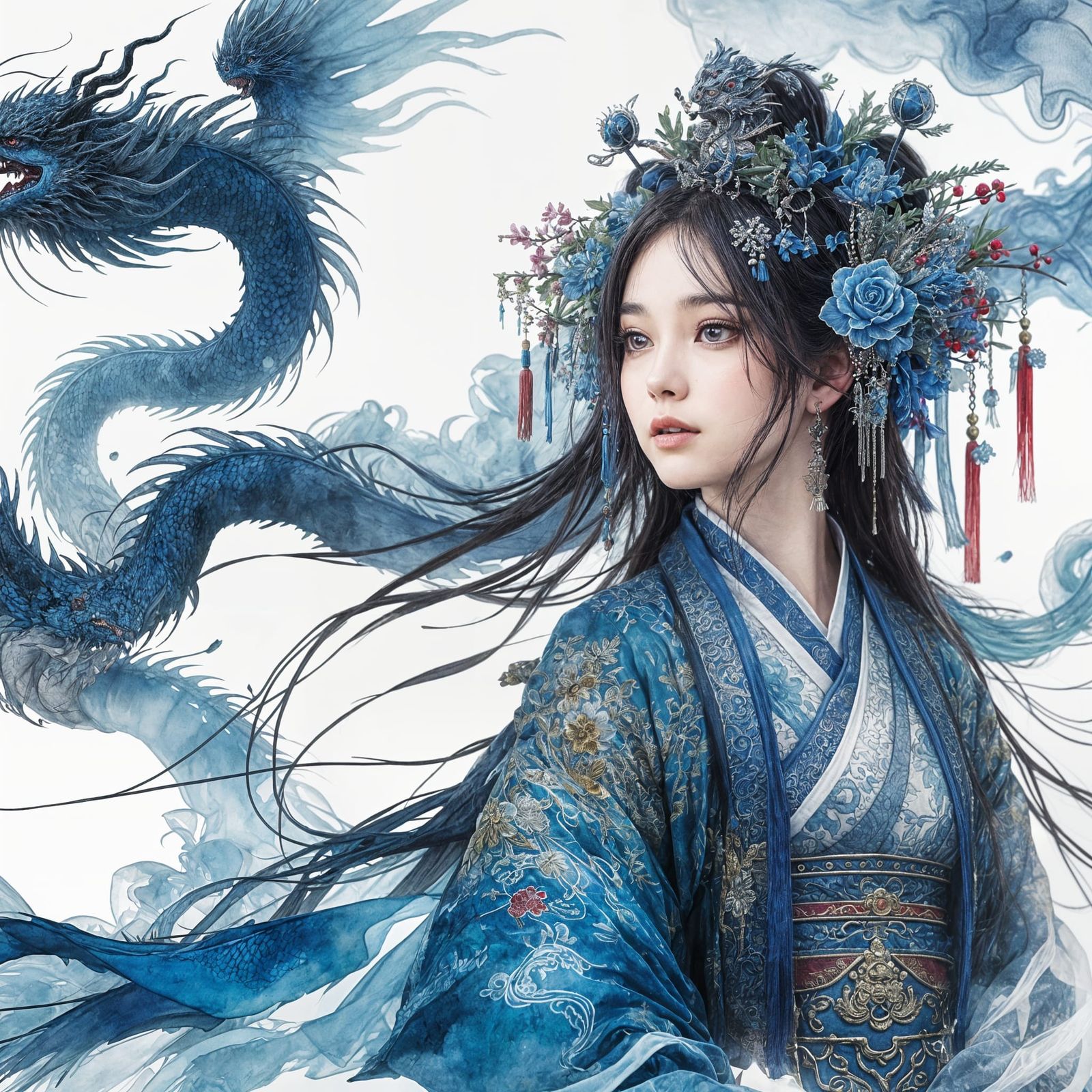 Chinese Girl as Blue Dragon in Watercolor Style