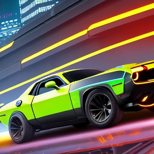 Cyberpunk Dodge Challenger Flies Through Neon City