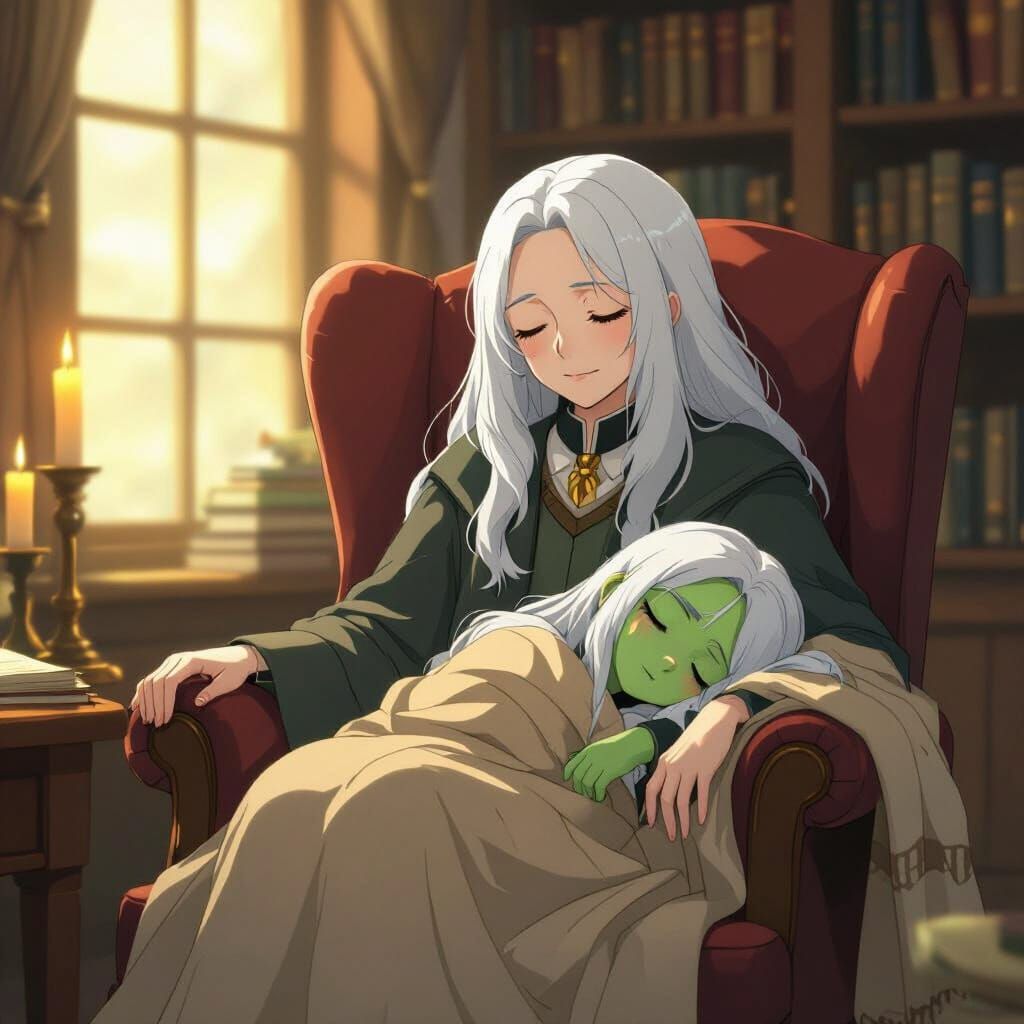 Professor McGonagall Tends to Sleeping Iri in Ghibli Style
