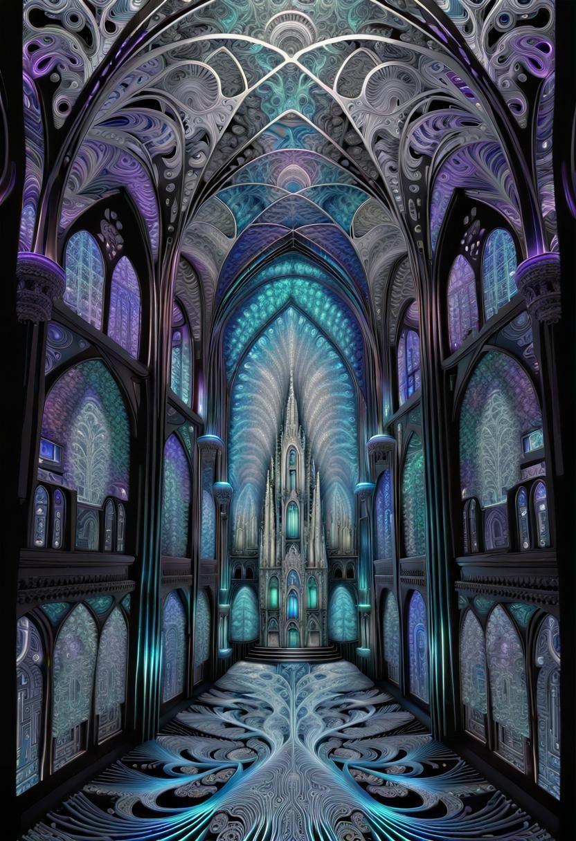 Electronic Cathedral in Iridescent Chip-Art Style