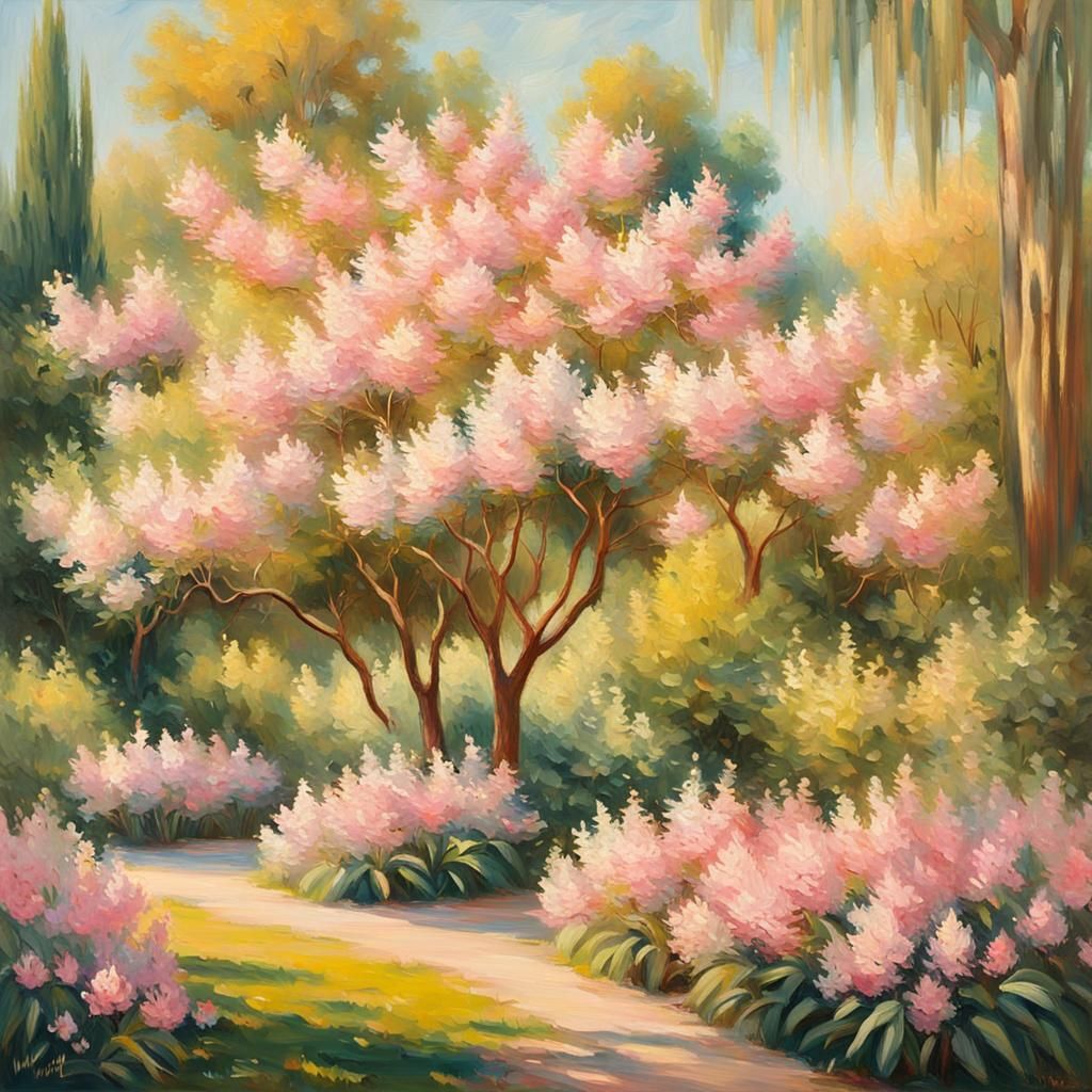 Oleander Trees in Lush Garden as Oil Painting