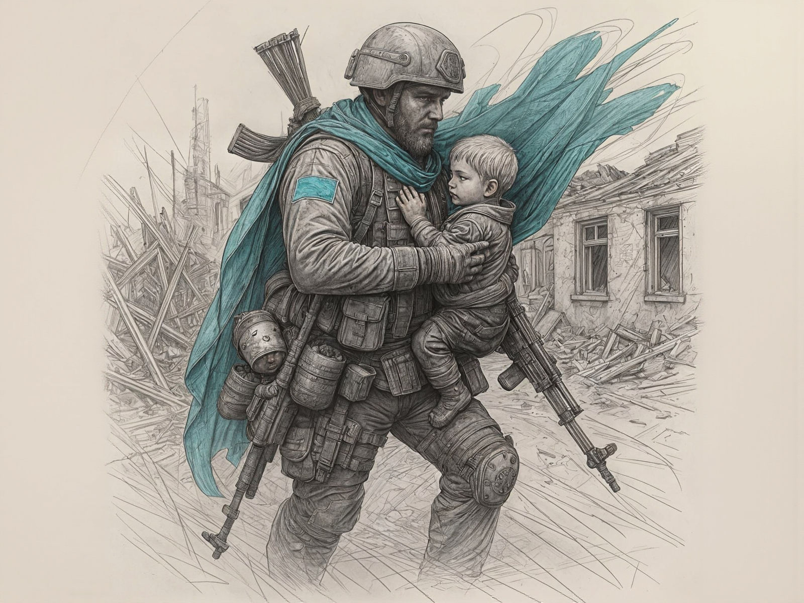 Ukrainian Soldier Saving Baby: Pencil Sketch Concept Art