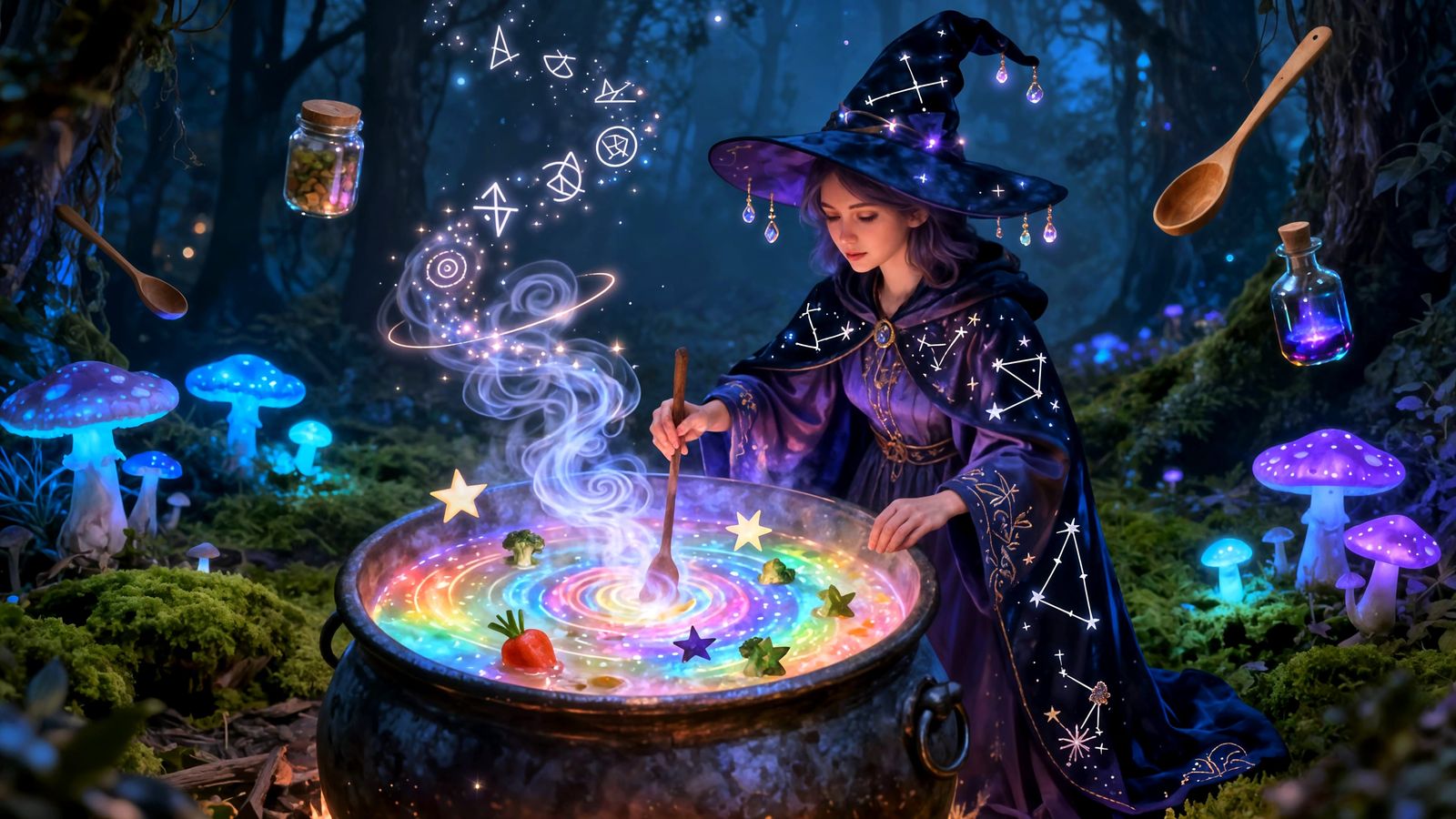 Whimsical Witch Brews Glowing Soup in Enchanted Forest