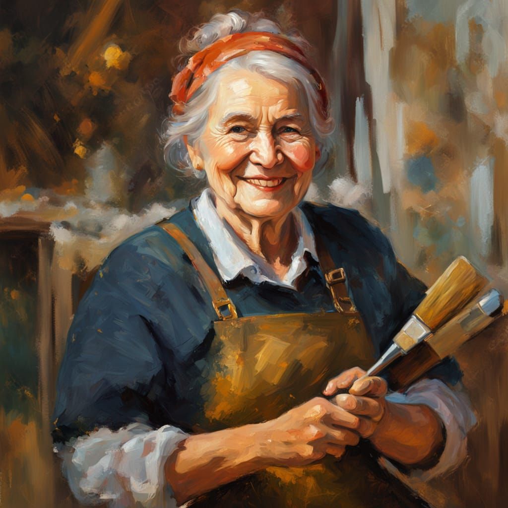 Happy Old Painter in Impressionistic Oil Painting Style
