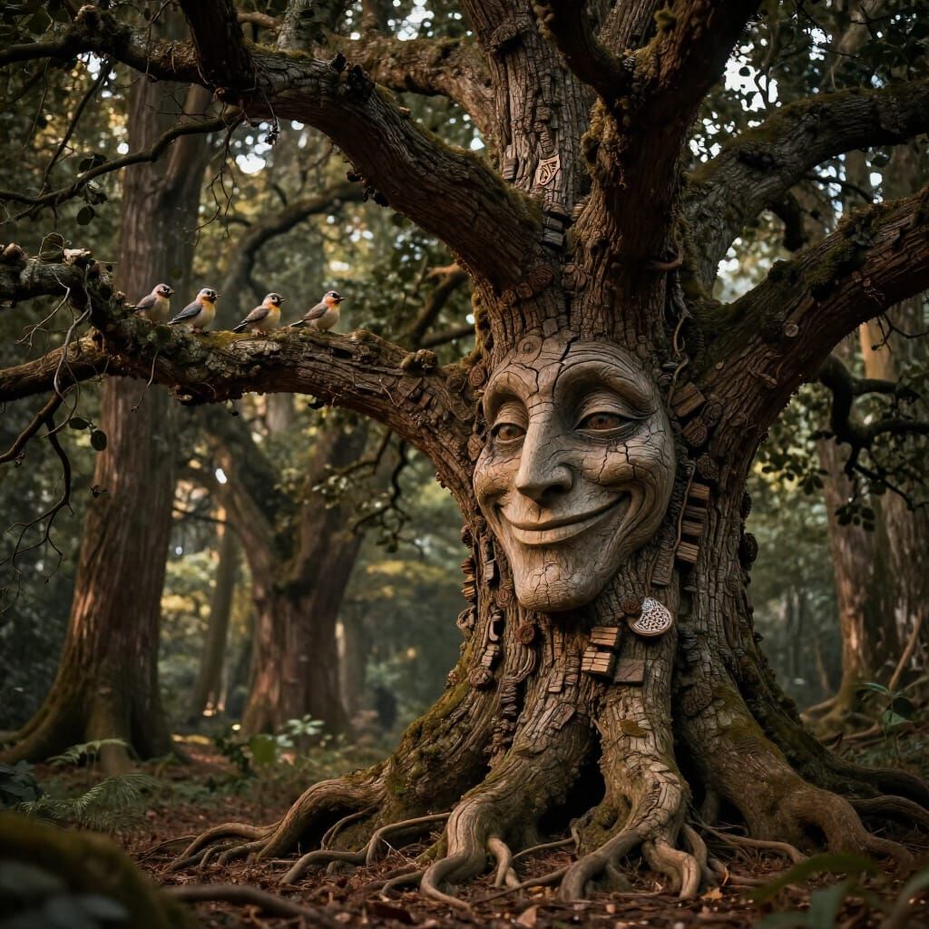 Ancient Oak Tree Awakens in Dark Forest