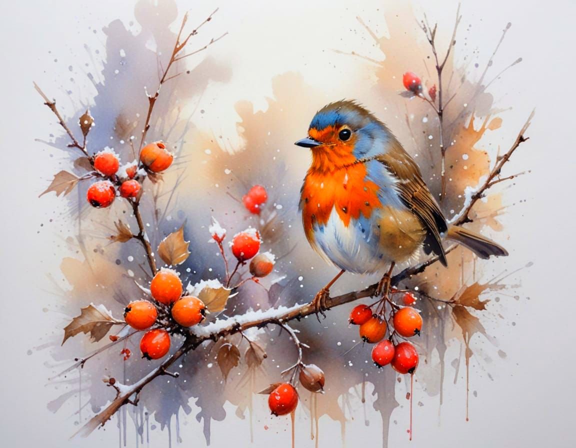 Robin on Snowy Branch in Watercolour Style