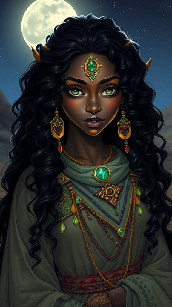 (Beautiful Black Skinned Elven Healer Portrait Of Leetah From Elfquest Dressed In Gossamer With Long Dark Blazing Curly ...