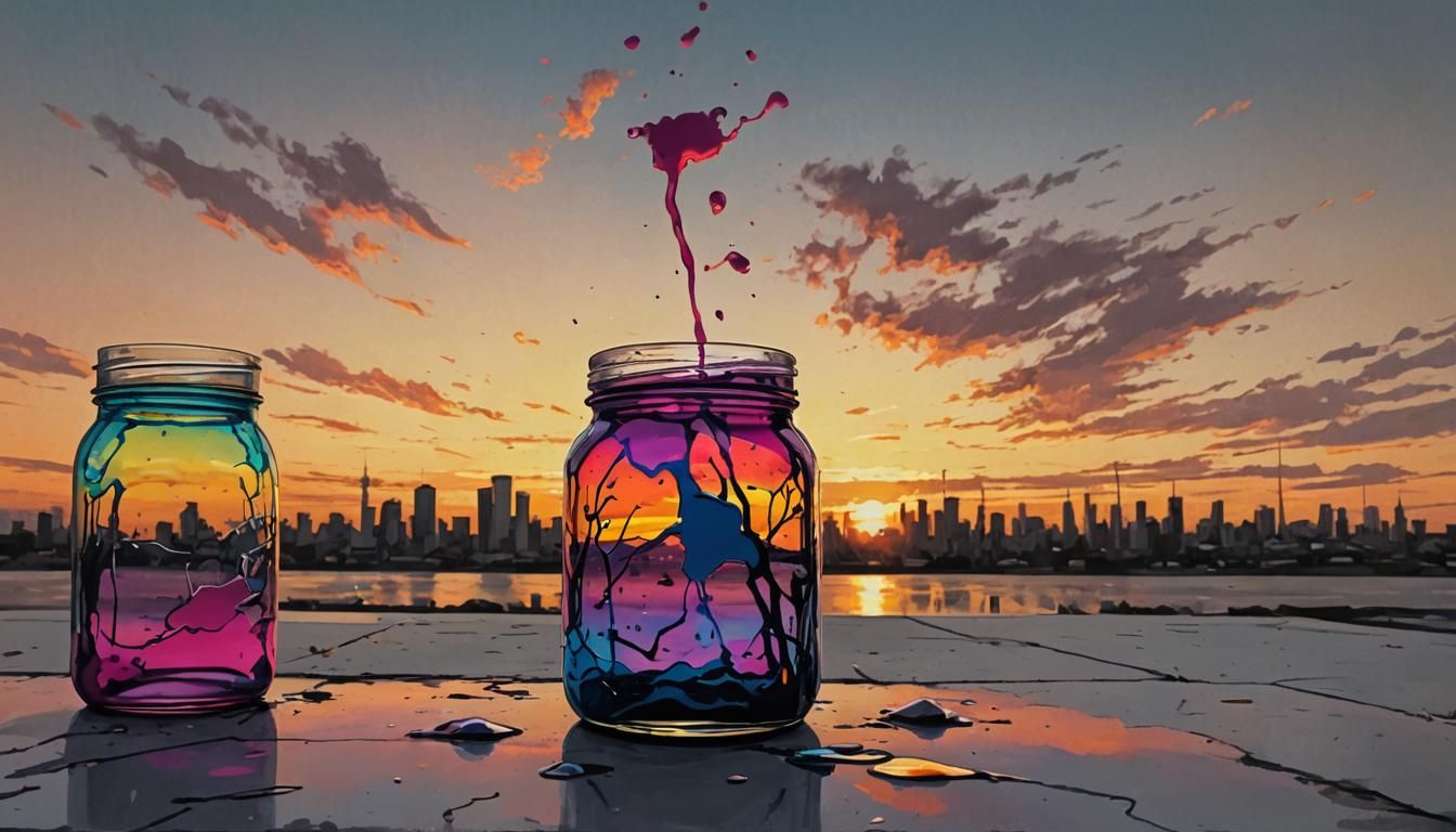 Sunset Silhouette in Jar: Graffiti Art Style