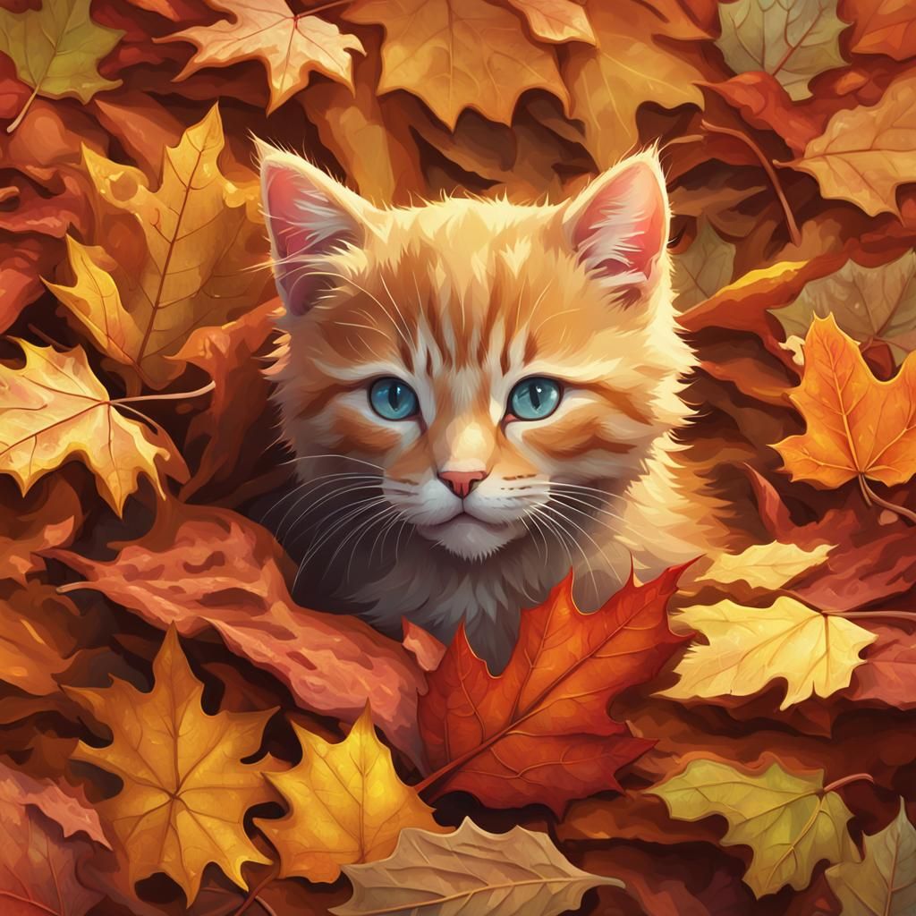 Ginger Kitten Hiding in Autumn Leaves: Digital Art