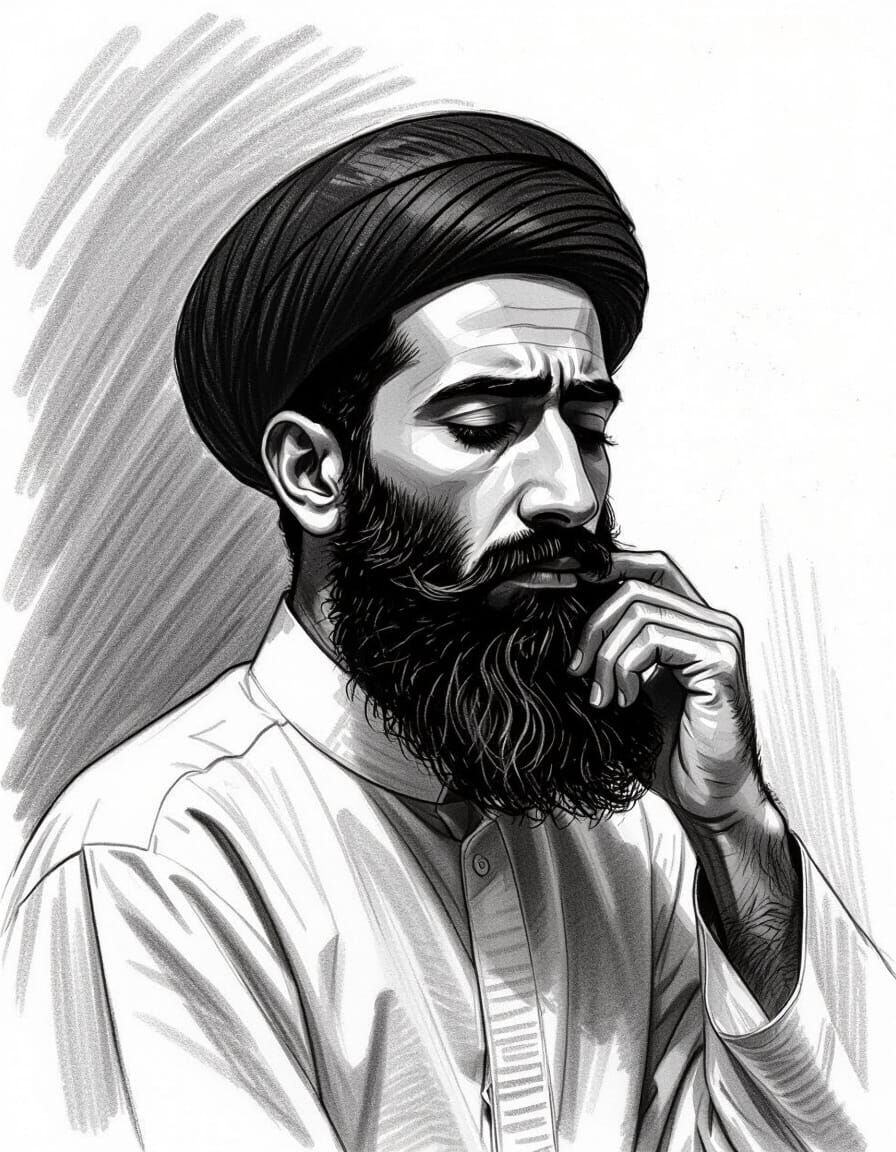 Pensive Man in Thobe: Charcoal Cartoon Portrait