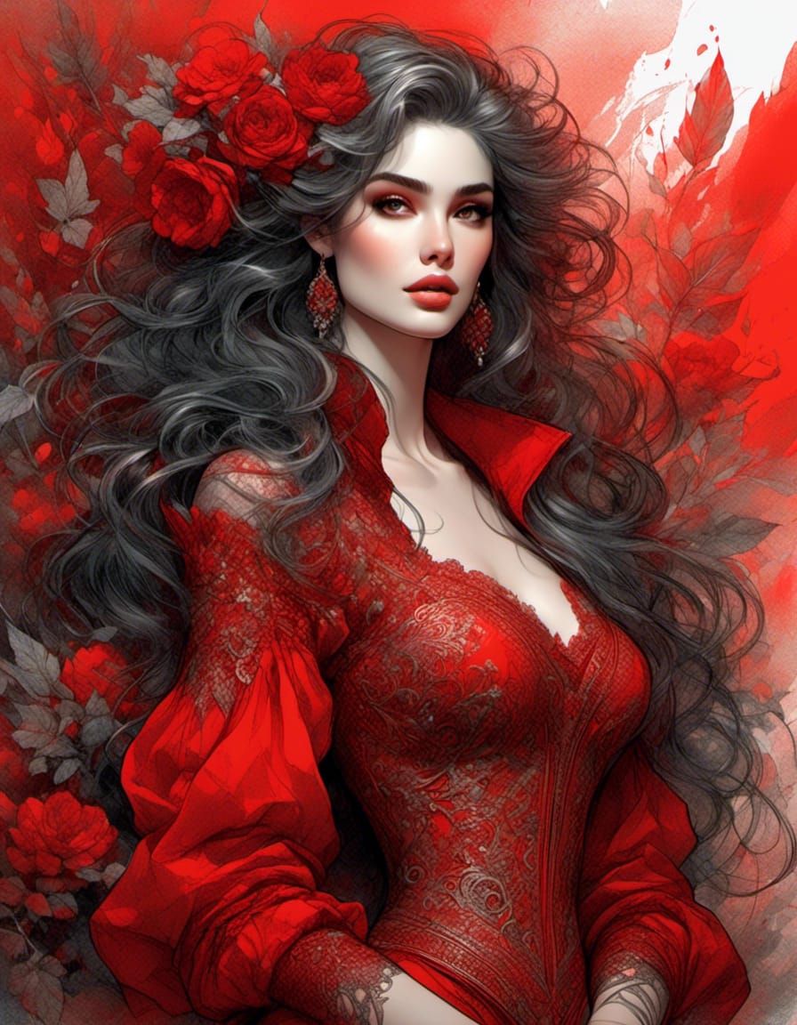 Curvy Fantasy Babe in Red: Detailed Color Sketch
