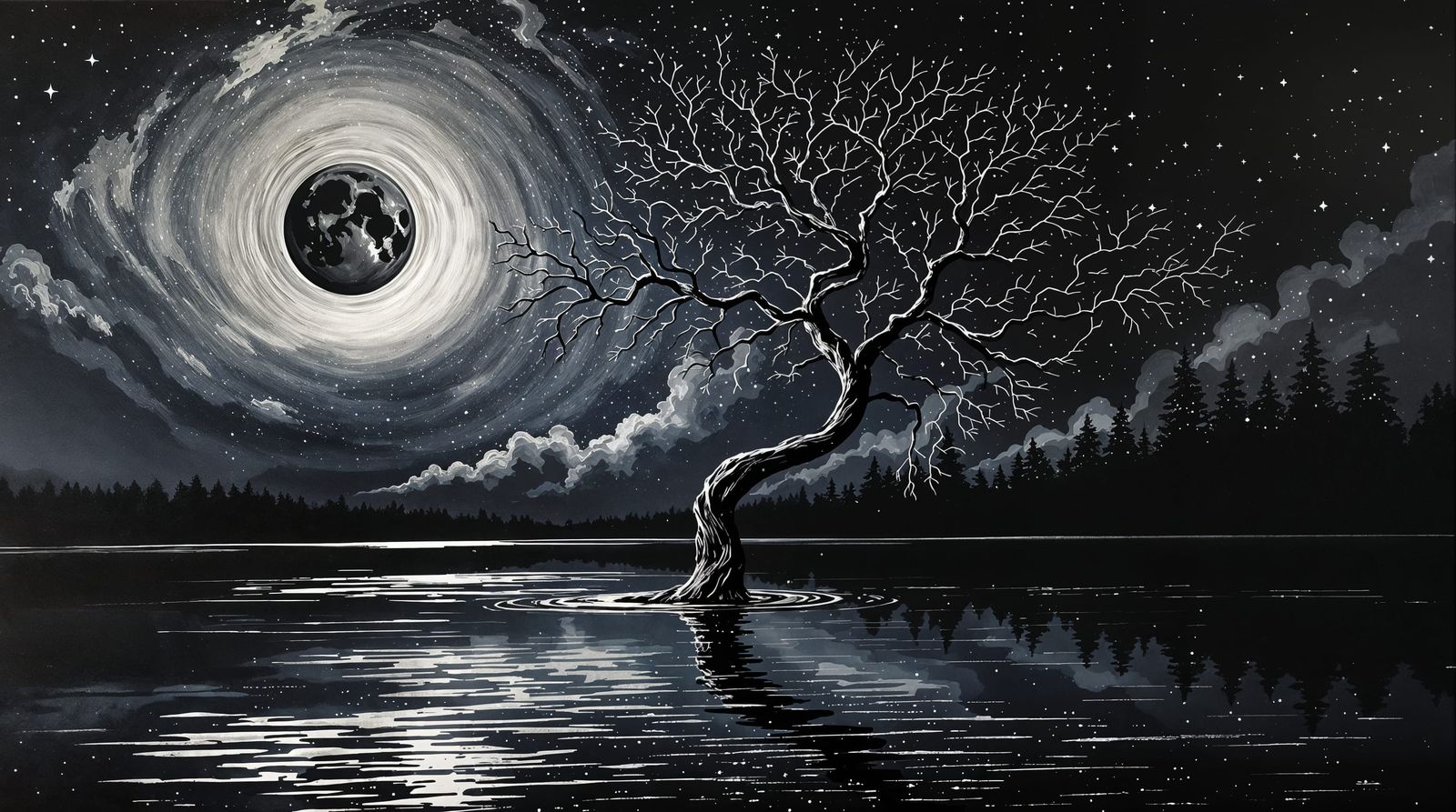 Twisted Tree in Dark Dali Landscape
