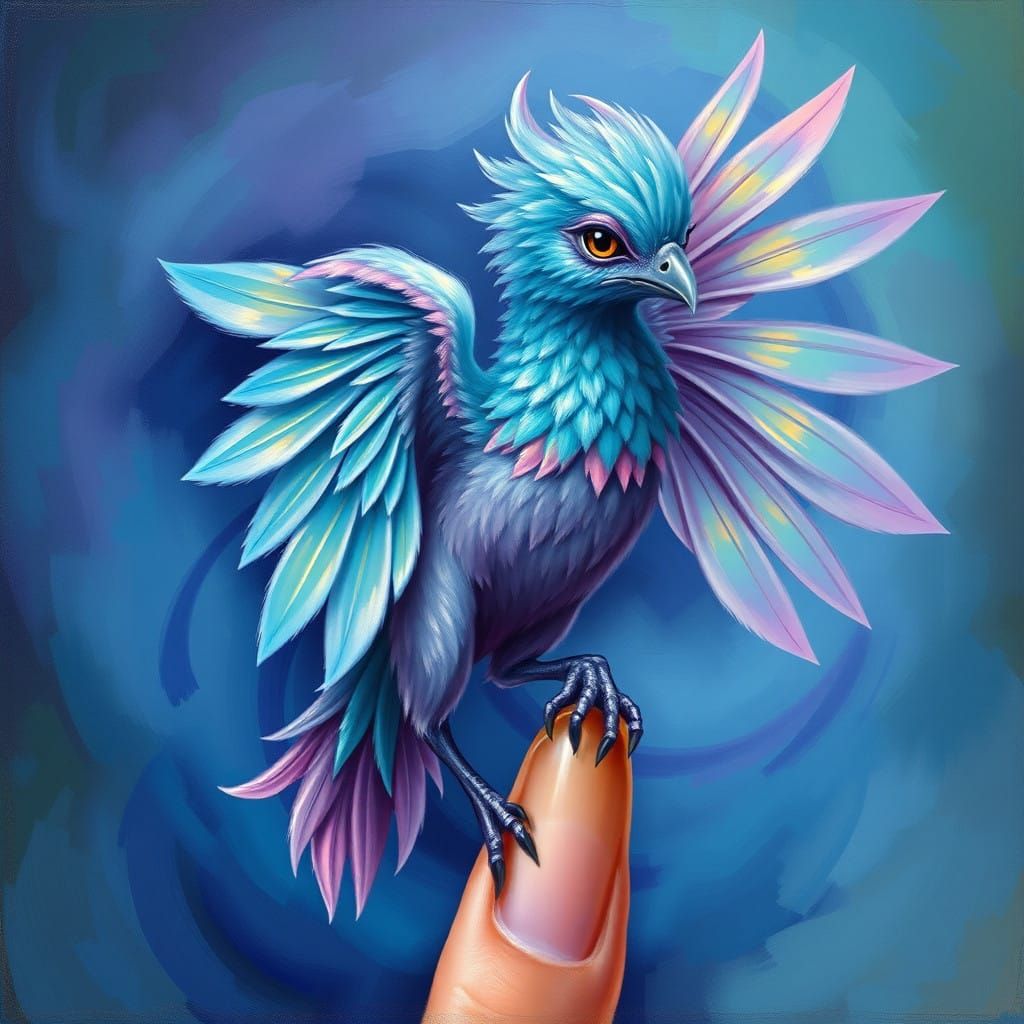 Gentle Gryphon in Iridescent Plumage Perched on Fingertip