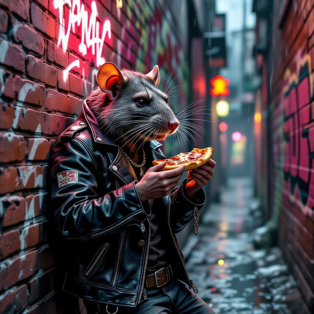 Grizzled Rat in Leather Jacket with Pizza, Gritty Urban Fant...