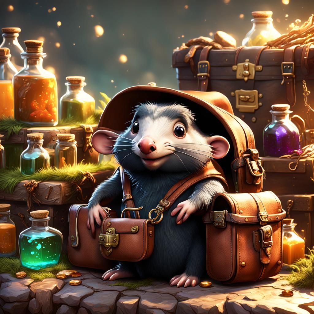 Charming Mole Courier with Potions and Pack