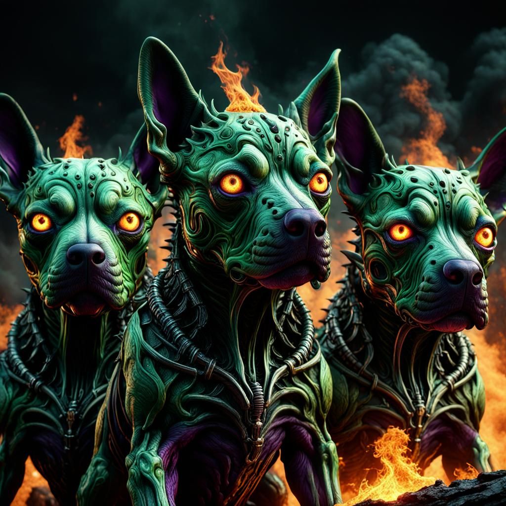 Infernal Three-Headed Dog in Apocalyptic Horror Style