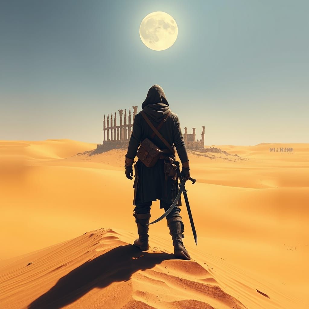 Lone Traveler in Scorching Desert Landscape