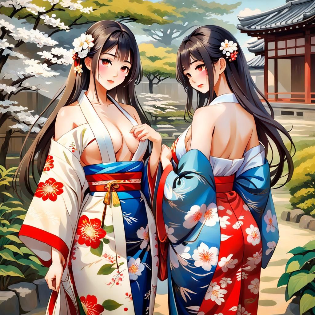 Japanese Women in Garden: An Oil Painting
