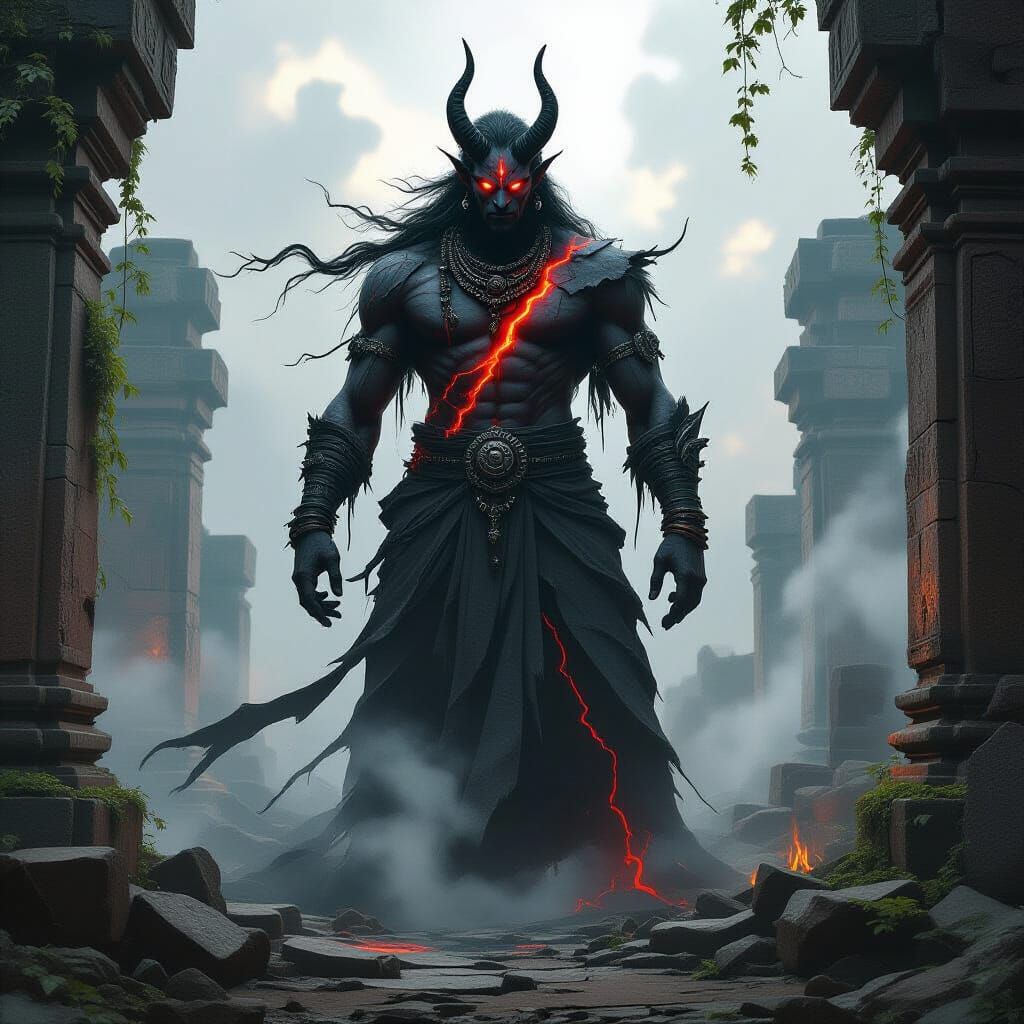 Demonic Rakshasa Amidst Temple Ruins
