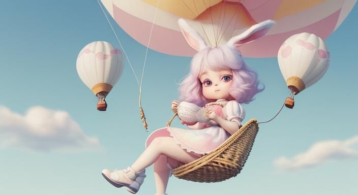 Pixar-Style Bunny Cub in Pastel Hot Air Balloon