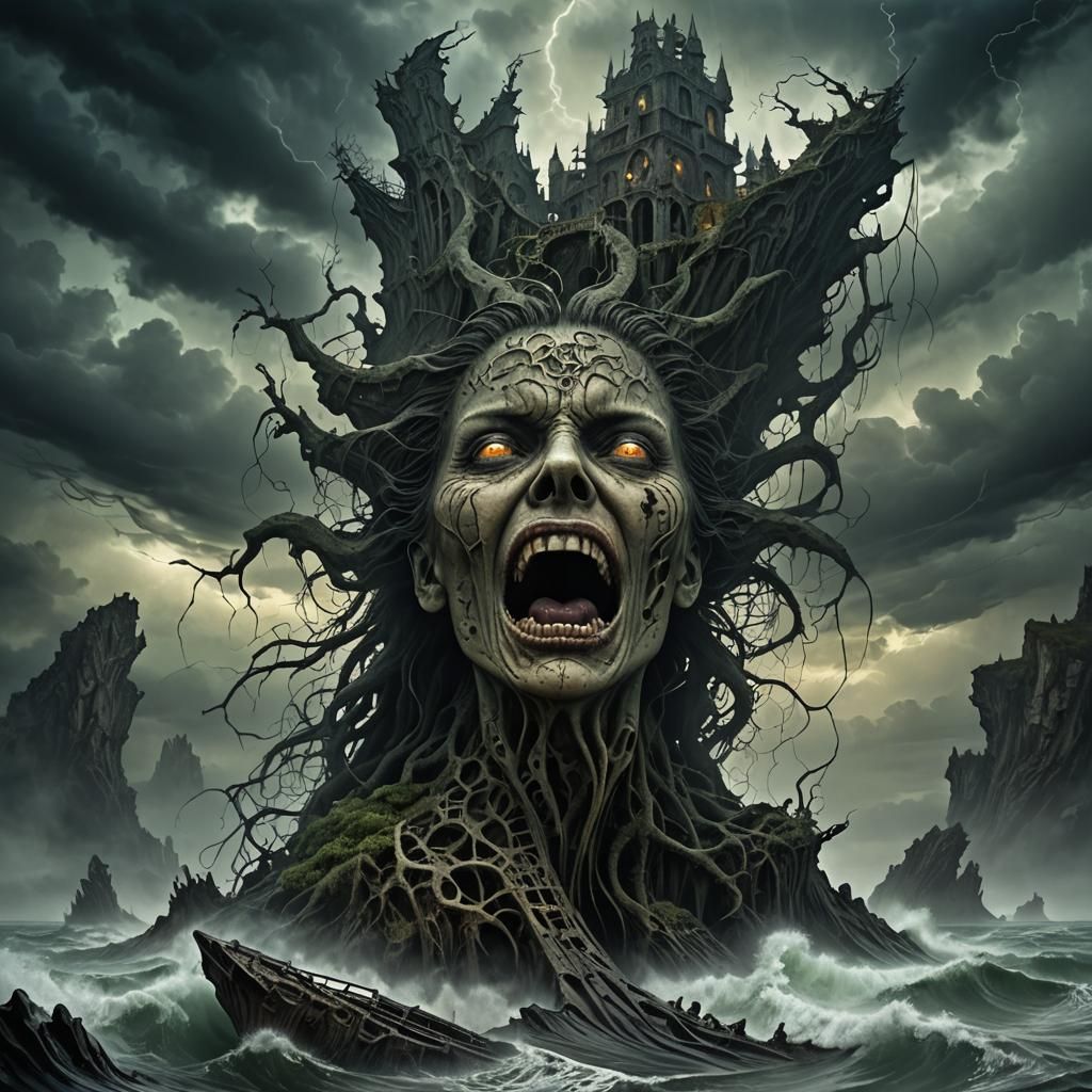 Shipwrecked Siren Screams on Stormy Island: Gothic Art