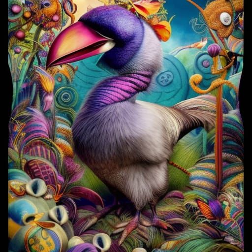Psychedelic Dodo in Wonderland, Colorful Yarn Art