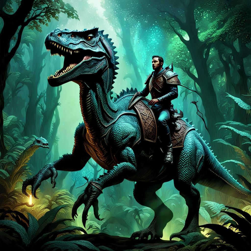 Tamed Dinosaur and Rider in Mystical Forest