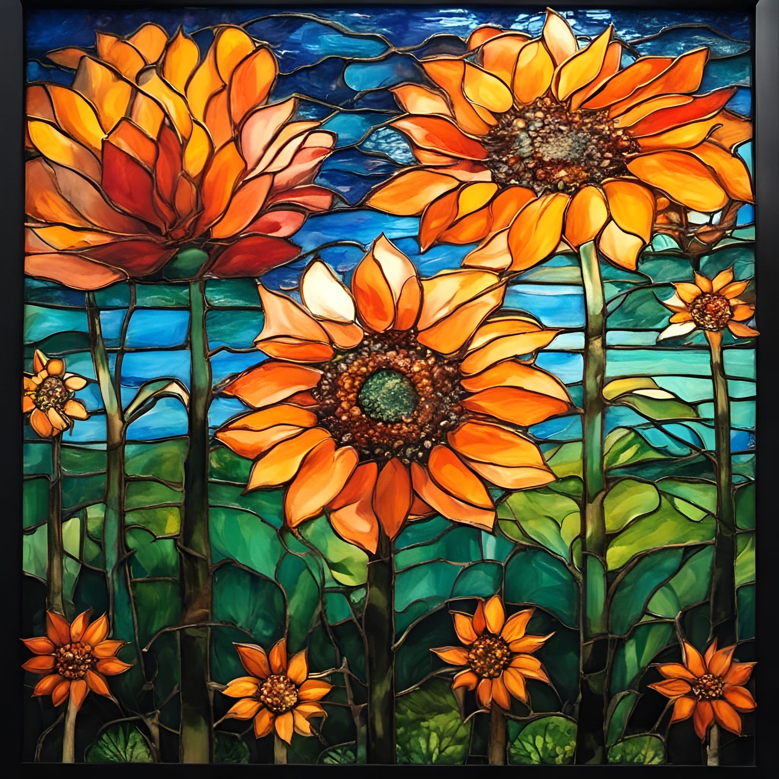 Gothic Stained Glass: Sunflowers in Impressionist Field