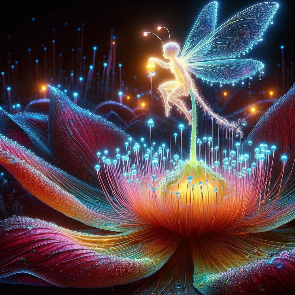 Bioluminescent Fairy on Flower in Matte Painting Style