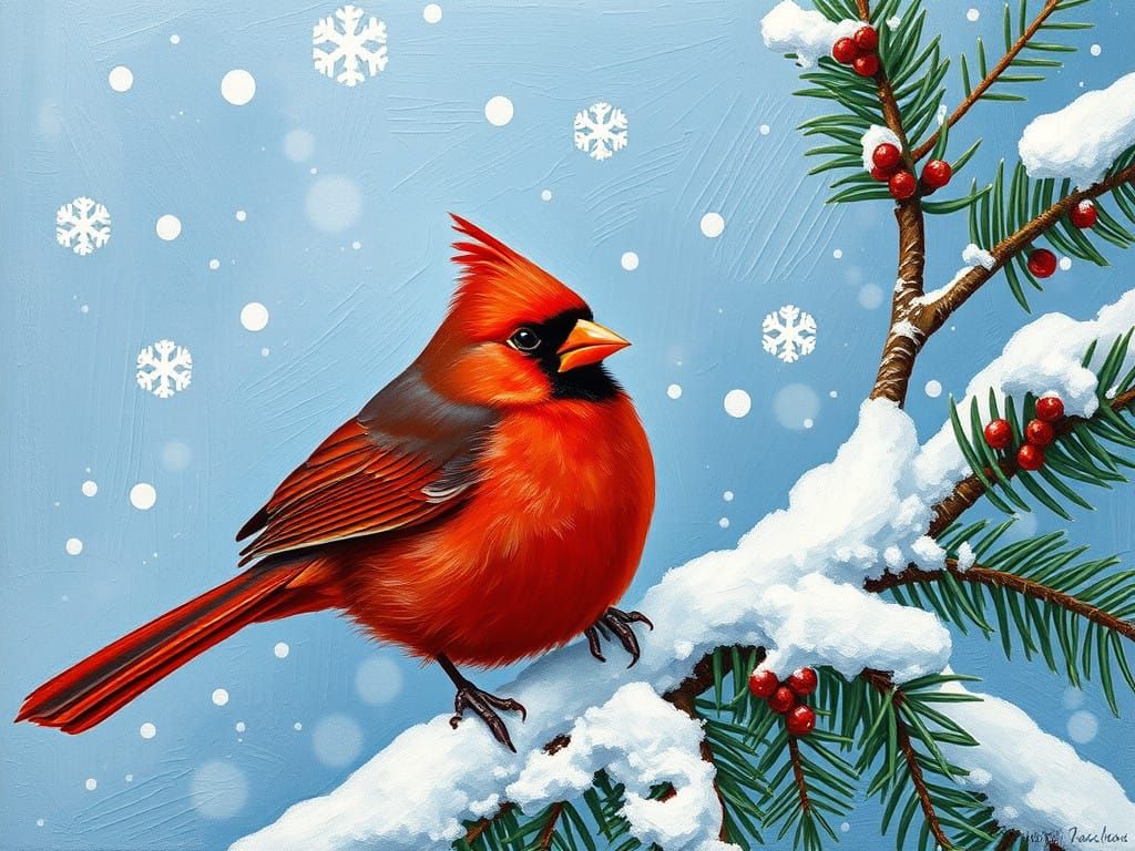 Impasto Red Bird in Snowy Forest