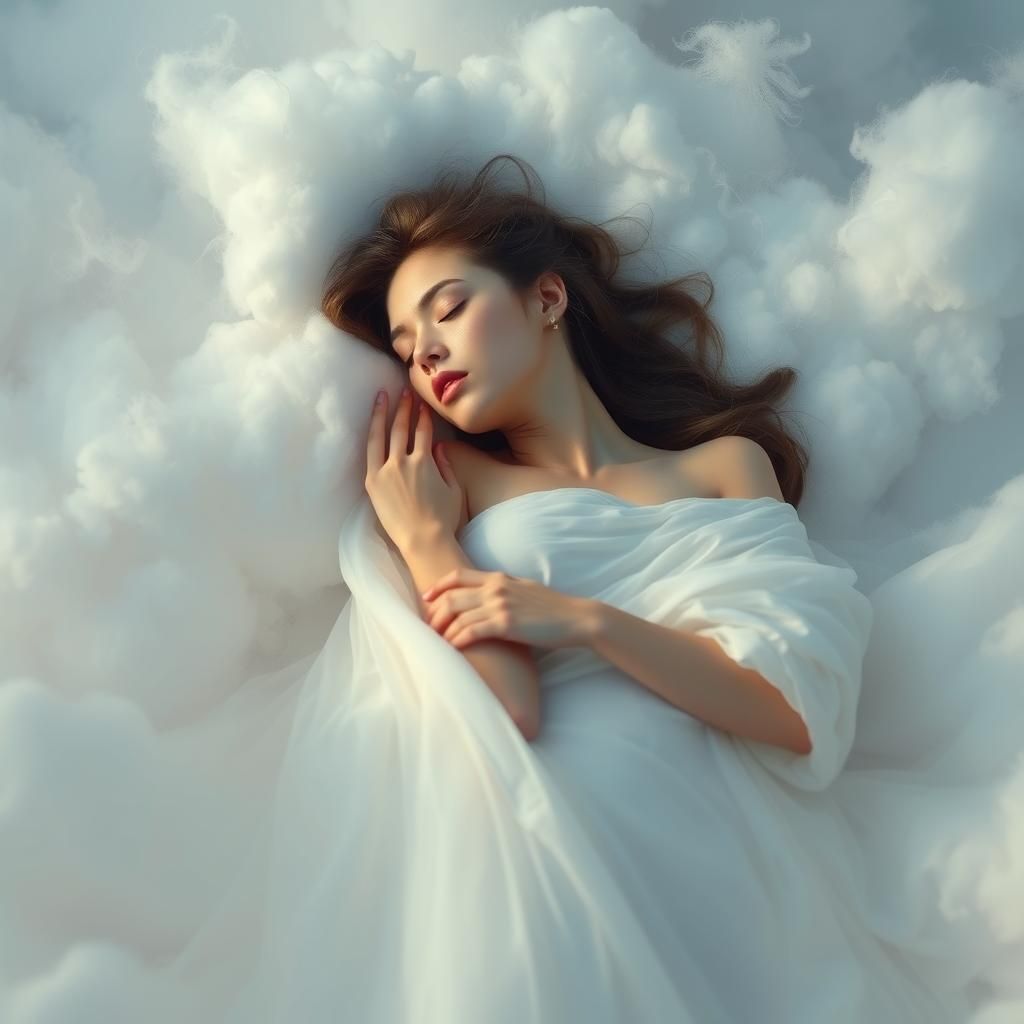 Dreamy Woman Sleeping on Cloud in Hyperrealistic Style