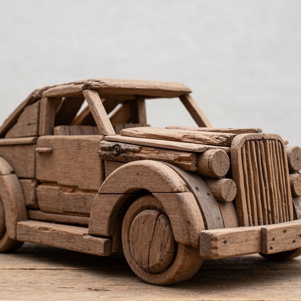 Detailed Wooden Car Sculpture with Rustic Finish