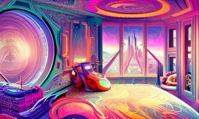 Futuristic Maximalist Bedroom in Pastel Colors