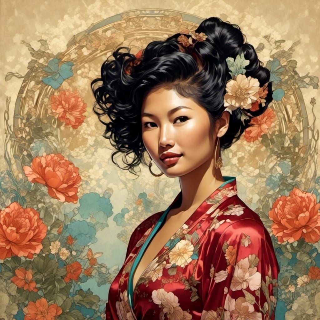 Asian Supermodel in Ornate Gown, Art Nouveau Style