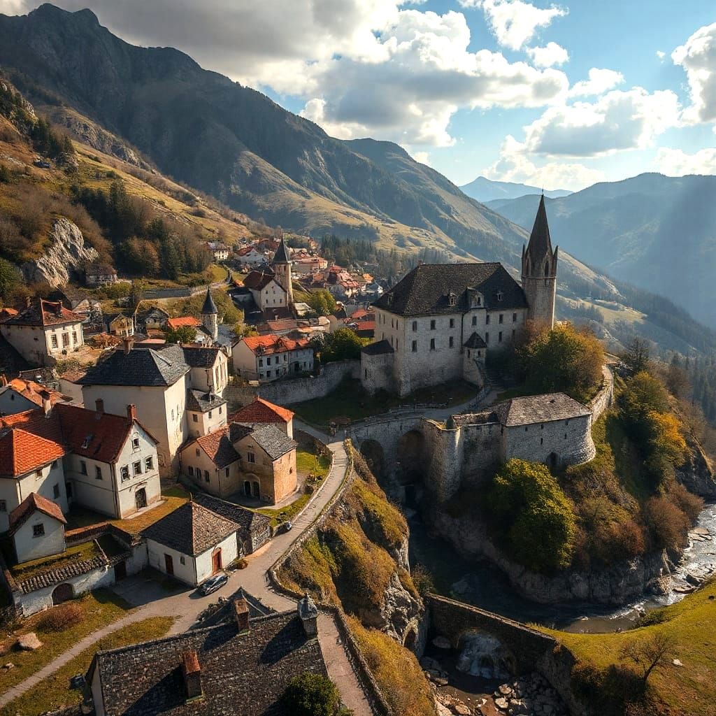 Aerial View of Medieval Town on Mountain Slope