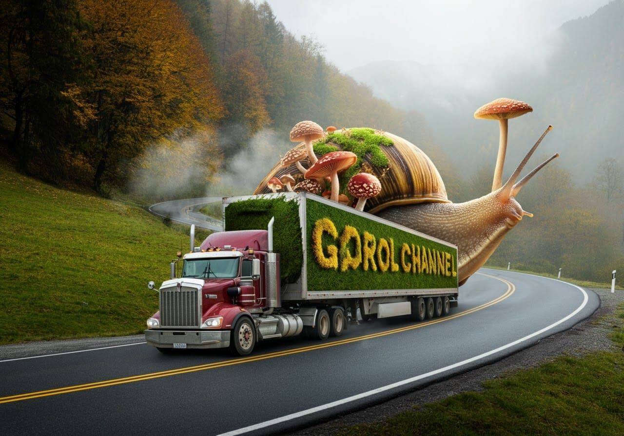 Giant Snail Hauling Mushroom-Adorned Semi-Trailer
