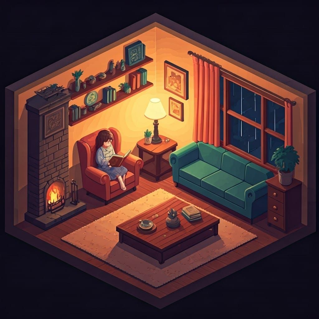 Cozy Isometric Living Room on Rainy Autumn Night