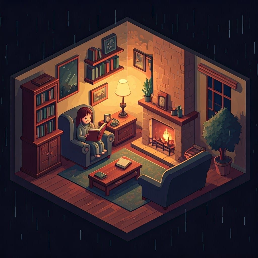 Cozy Isometric Living Room on Rainy Evening