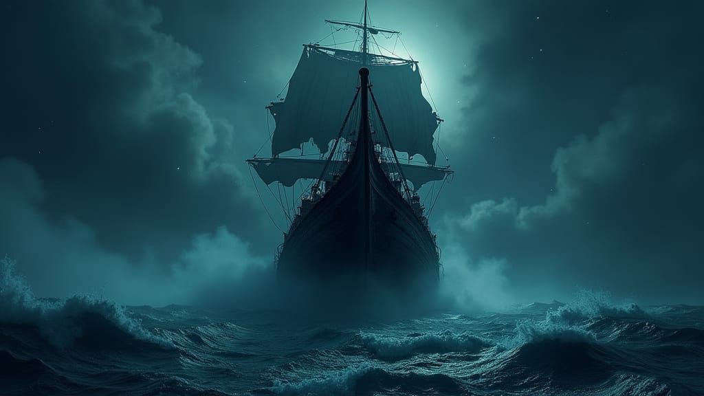 Spectral Flying Dutchman Emerges from Midnight Sea in Cinema...