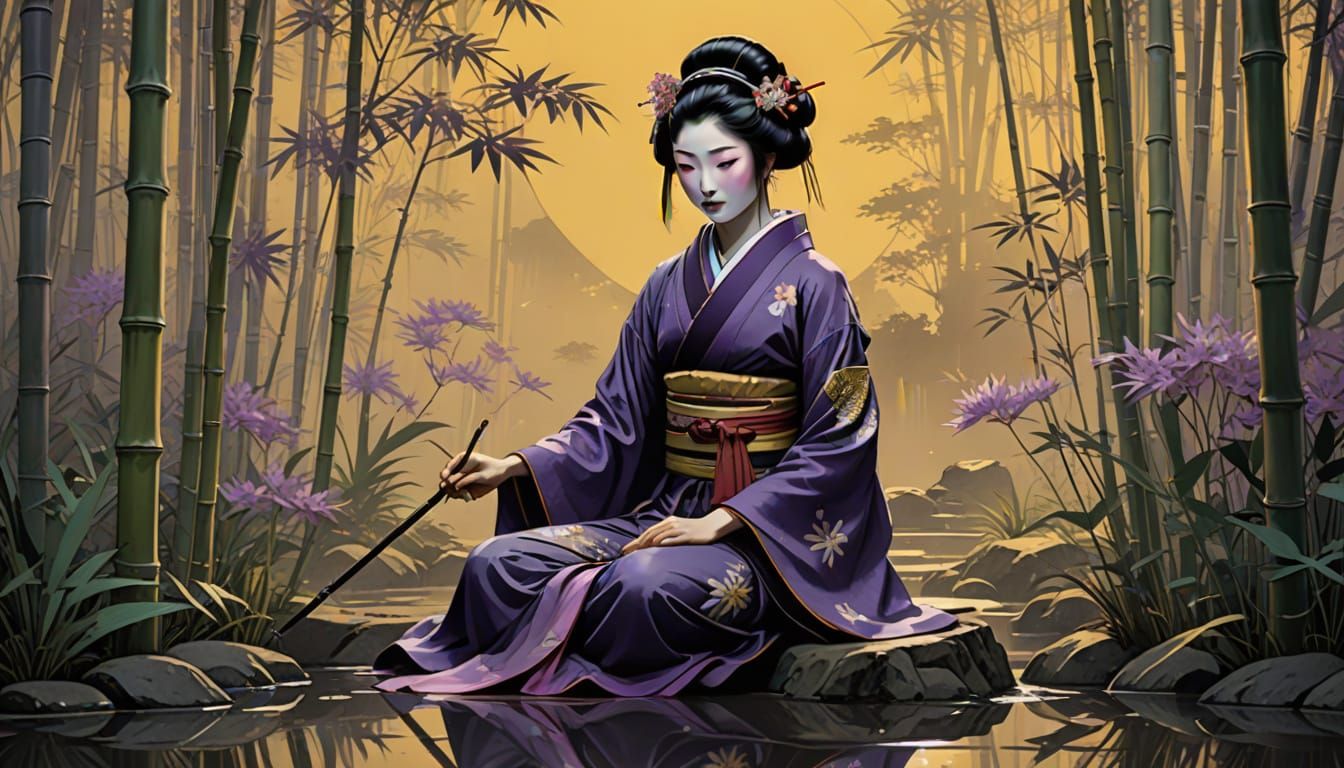 Geisha Practicing Calligraphy in Japanese Ink Painting Style