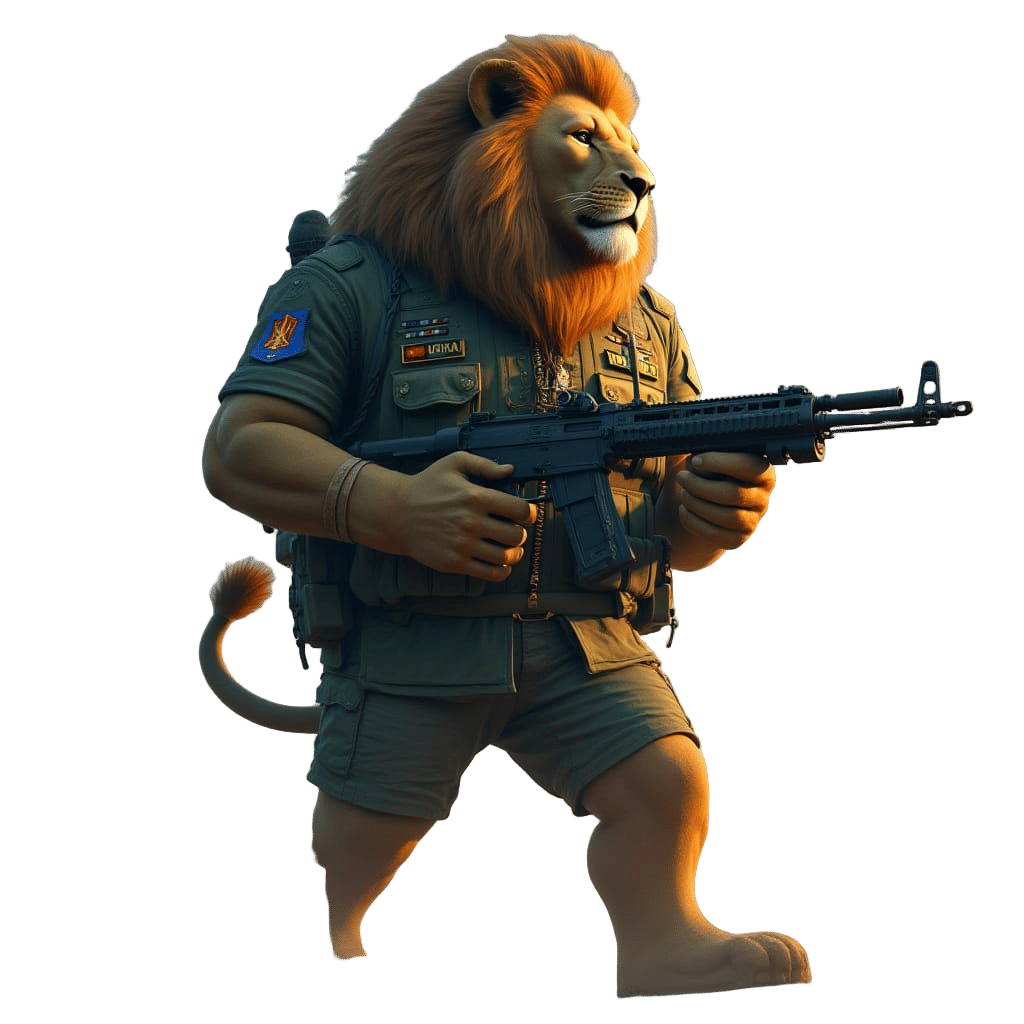 Cyberpunk Lion Warrior in Ukrainian Military Gear