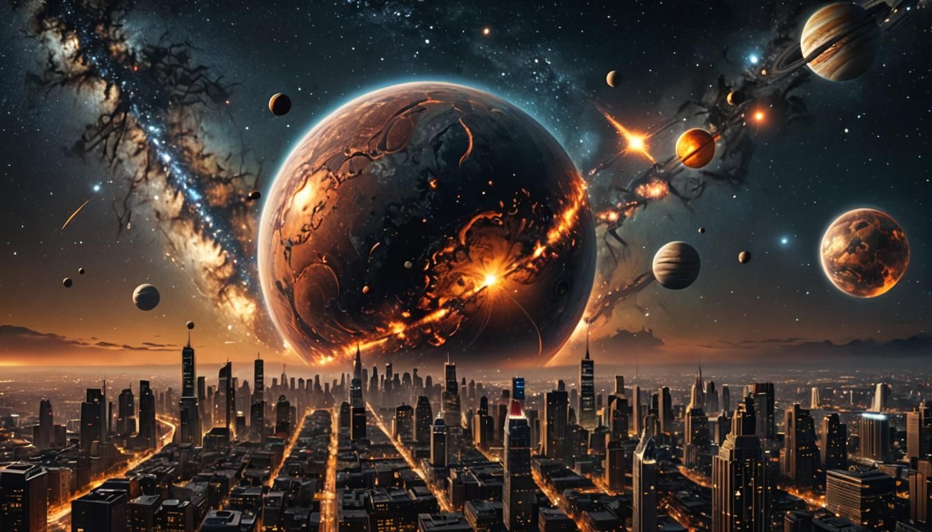Planets Orbiting City in Retro Sci-Fi Style