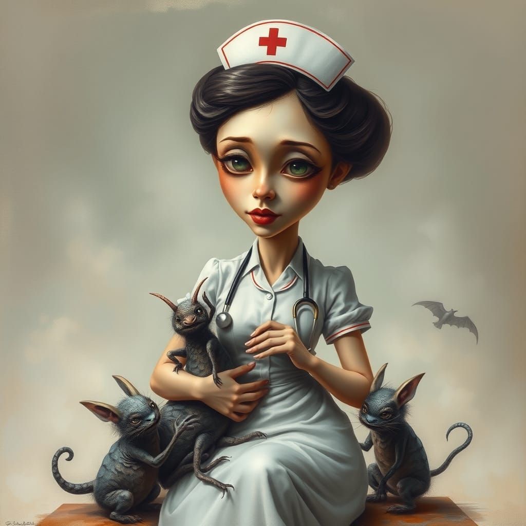 Whimsical Nurse Caring for Strange Creatures